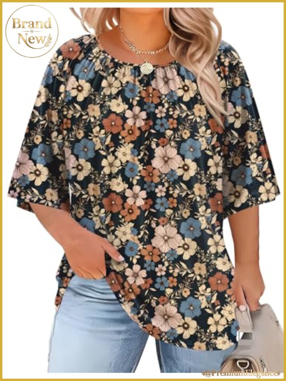 Plus Size Tunic Top 3/4 Sleeve Blouse Polyester Rayon Spandex